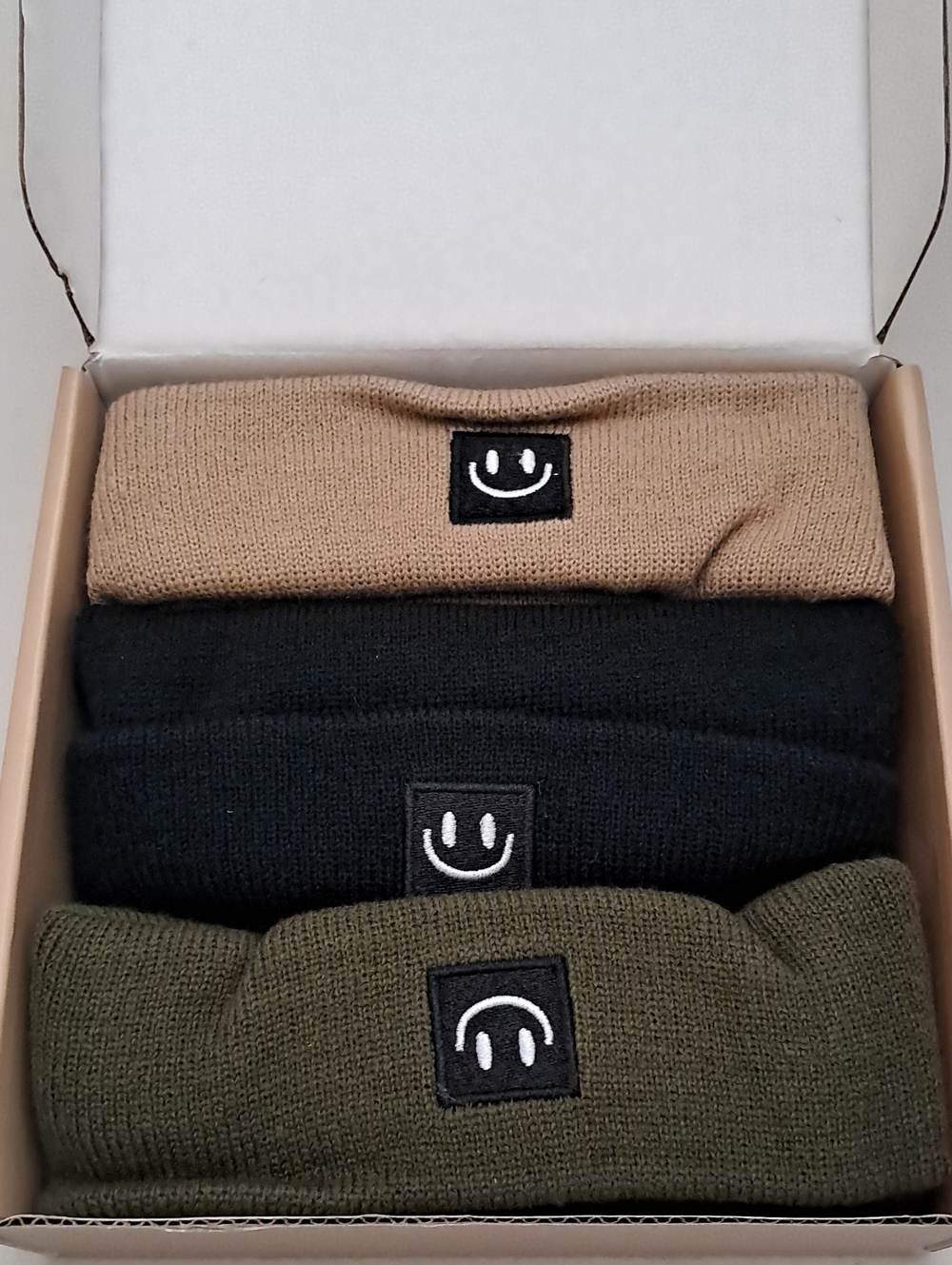 Toddler Smiley Patch Beanie 3 Pack - Tan, Black & Olive
